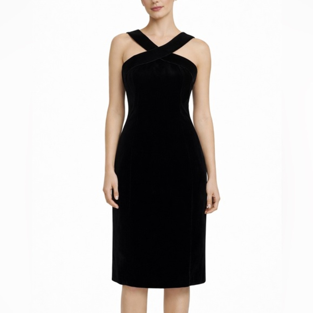 Victor‎ Costa Velvet Midi Dress 12 Black Crisscross Strap Cocktail Party